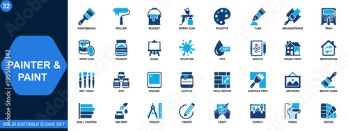 Painter and paint icon set. Painting, brush, roller, spray gun, palette, pigment, enamel, house renovation, wall repair, art tools. Editable icons collection. Vector.