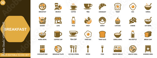 Breakfast icon set. Morning meal, brunch, coffee, croissant, toast, egg, cereal, bakery, healthy food, café menu. Editable icons collection. Vector.