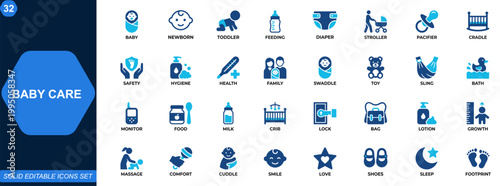 Baby care icon set. Newborn, infant care, toddler essentials, parenting, child safety, nursery, feeding, hygiene, family health. Editable icons collection. Vector.