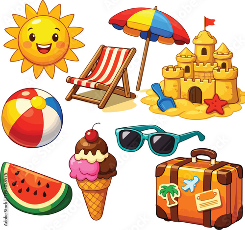 Summer Beach Vacation Icons: Sun, Sandcastle, Deck Chair, Ice Cream, Suitcase, Watermelon, Sunglasses, Beach Ball, Umbrella