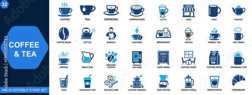 Coffee and tea icon set. Espresso, cappuccino, latte, teapot, mug, coffee bean, hot beverage, cafe menu, barista tools. Editable icons collection. Vector.