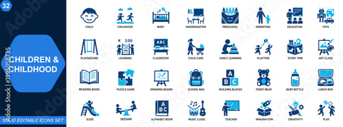 Children and childhood icon set. Kids, baby care, kindergarten, preschool education, parenting, toys, playground, learning activities, classroom. Editable icons collection. Vector.