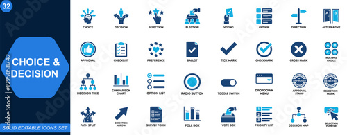 Choice and decision icon set. Selection, election, voting, options, direction, alternatives, approval, checklist, preference, decisionmaking. Editable icons collection. Vector.