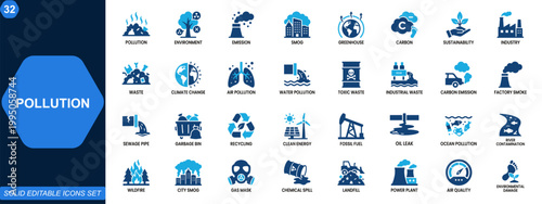 Pollution and environmental hazard icon set. Air pollution, greenhouse gases, carbon emission, industrial waste, toxic smoke, climate change, sustainability, clean energy. Editable icons collection.