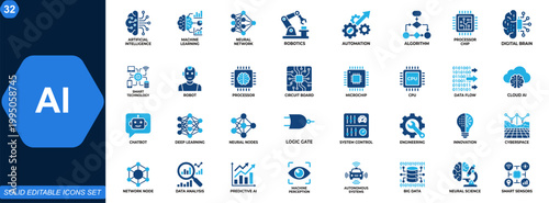 Artificial Intelligence AI icon set. Machine learning, neural network, robotics, automation, algorithm, processor chip, smart technology, digital brain. Editable icons collection. Vector.