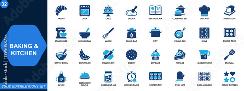 Baking and kitchen icon set. Cooking, pastry, utensils, oven, dough, cake, recipe, cookware, restaurant, culinary tools. Editable icons collection. Vector.