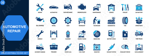 Automotive repair and car maintenance icon set. Mechanic tools, engine service, vehicle support, garage equipment, battery, oil change, wheel and gear. Editable icons collection. Vector.