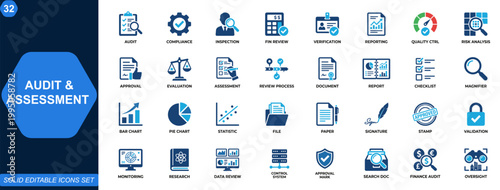 Audit and assessment icon set. Audit, compliance, inspection, financial review, verification, reporting, quality control, risk analysis, approval workflow, documentation. Editable icons collection. 