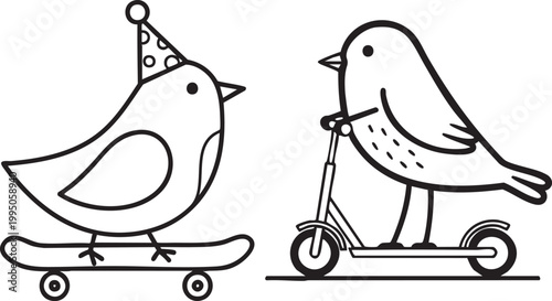 A whimsical illustration of birds enjoying recreational activities skateboarding and scootering