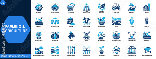 Farming and agriculture icon set. Harvest, crop production, organic farming, tractor, barn, farmer, grain, livestock, garden cultivation. Editable icons collection. Vector.
