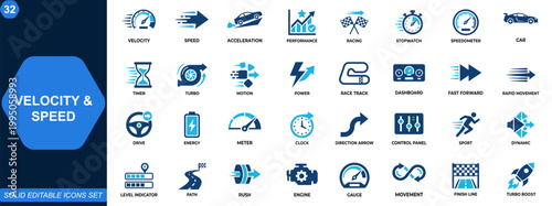 Velocity and speed icon set. Stopwatch, racing car, acceleration, performance, timer, motion, power, turbo boost, speedometer dashboard. Editable icons collection. Vector.