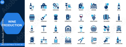 Wine production and brewery icon set. Winemaking, winery, vinification, grape harvest, barrel aging, champagne, cork, bottle, alcohol industry. Editable icons collection. Vector.