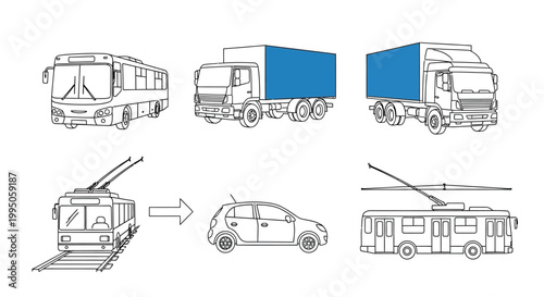 Clean line art vector illustration set of different urban and commercial transport modes and vehicles.