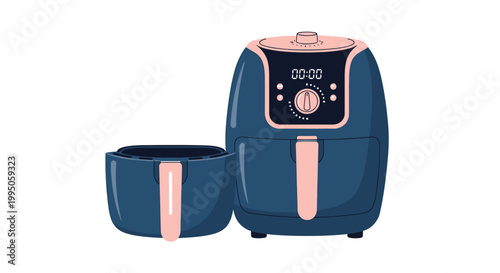 Vector illustration of a modern air fryer with a digital display and removable basket design