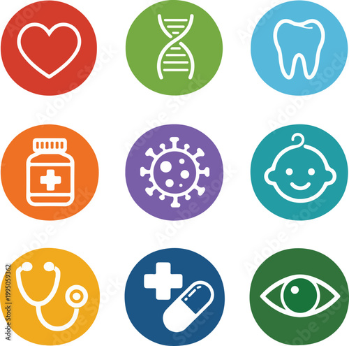Set of medical and health care icons including heart, DNA, tooth, pill bottle, virus, baby, stethoscope, and eye vector illustration