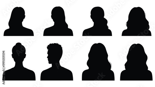 Set of black vector silhouette avatar icons showing men and women profile faces and heads for web social user business illustration