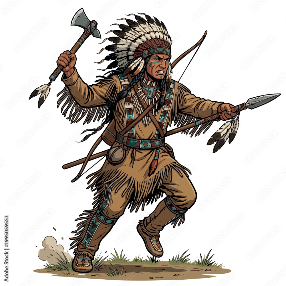 Fototapeta premium Native American Warrior Charging in Action with Weapons