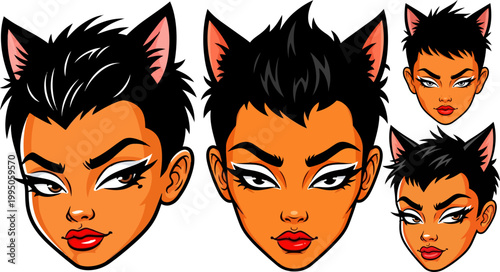 Cartoon woman faces, cat ears, comic book style, vector illustrations, emotive expressions, graphic icons