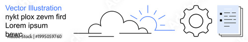 Technology workflow, cloud computing, system automation, digital documentation, innovation, data management. Minimalist elements include cloud, sun gear and document. Cloud computing and system