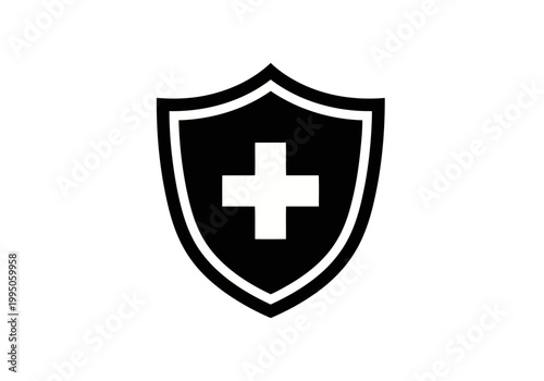 A perfect black shield icon silhouette with white cross symbol and nice outline on for protection and safety concepts