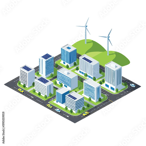 Sustainable Smart City Landscape with Renewable Energy and Eco-Friendly Infrastructure Vector Illustration