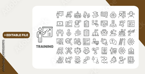 Training web icons in line style. Education, seminar, online test, webinar, course, distance learning collection. Editable stroke. Vector illustration.