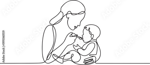 Continuous line drawing of mother feeds the child. Template for your design works. Vector illustration. one line Icon drawing