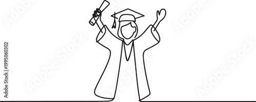 One continuous line of university student celebrating graduation event wearing uniform with Mortarboard. one line Icon drawing