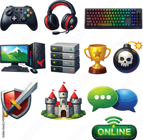 Gaming Icons: Controller, Headset, Keyboard, PC, Servers, Trophy, Bomb, Shield, Castle, Chat Bubbles, Online Sign Vector Illustration