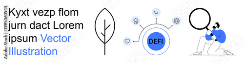 Blockchain, fintech, crypto investments, finance technology, data analysis, decentralized transactions. Icon of a leaf, connected network with DEFI and a man examining. Blockchain and fintech