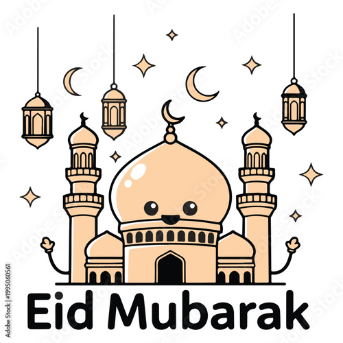 Happy mosque character design. Hanging lanterns and crescent moons. Kawaii style religious illustration. Eid greeting.