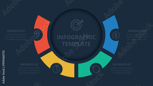 Ultimate infographic with 4 steps, options, parts or processes. Template for web on a black background.