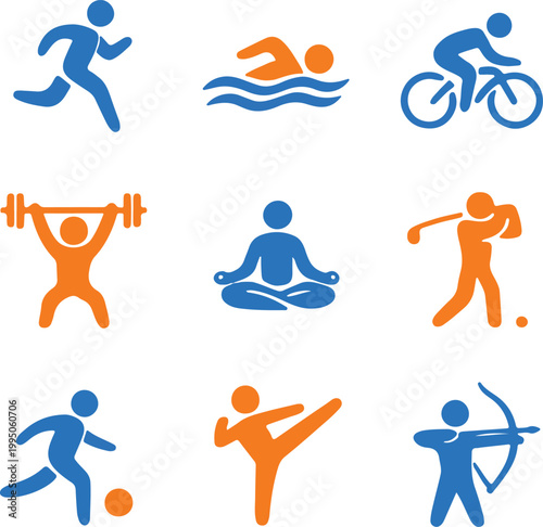 Diverse Sports Icons: Running, Swimming, Cycling, Weightlifting, Yoga, Golf, Soccer, Karate, Archery Vector Illustration