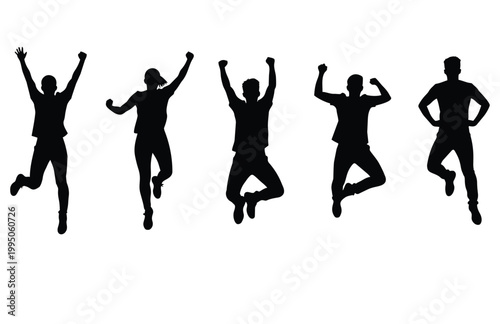 Vector illustration of silhouettes of people dancing, playing sports, jumping and having fun in a group scene