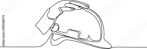 Continuous single line sketch drawing of hand holding safety helmet hardhat engineer architect head protection. one line Icon drawing