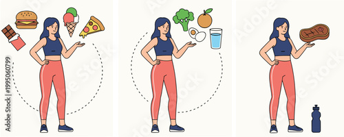 Colorful vector illustration of dietary choices symbolizing nutrition and lifestyle balance