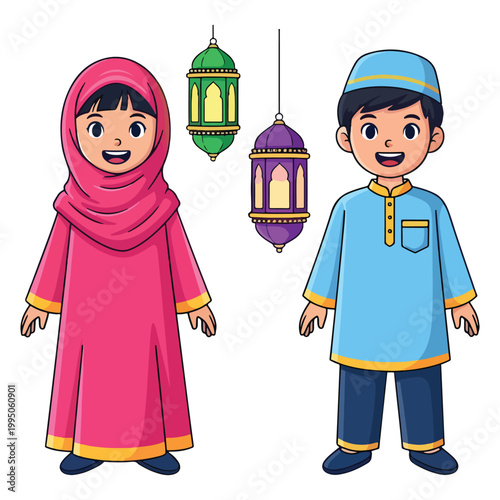 Happy muslim boy and girl wearing traditional clothing, standing, smiling, with hanging lanterns in background, ramadan kareem.