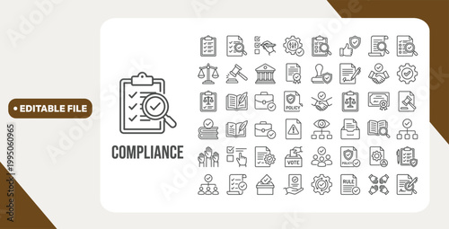 Compliance web icons in line style. Regulations, policy, legal document, quality control, responsibility, law. Editable stroke. Vector illustration.