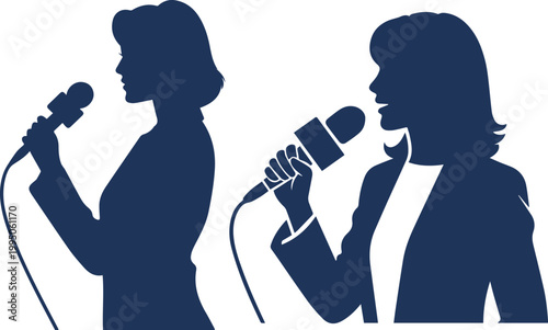 Female News Reporter Silhouettes with Microphones, Set of Two Professional Journalist Icons