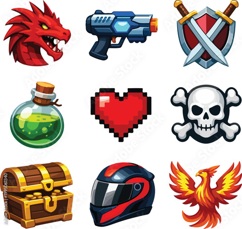 Fantasy Game Icons: Dragon Head, Laser Gun, Sword and Shield, Potion, Heart, Skull, Treasure Chest, Helmet, Phoenix vector illustration
