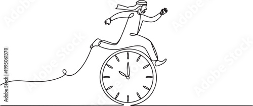 Continuous one line drawing Arab businessman employee worker jump over time passing clock. Daily time management of office worker. one line Icon drawing