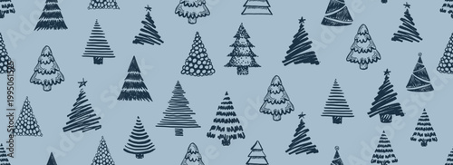 Christmas tree white on blue, hand drawn illustrations.