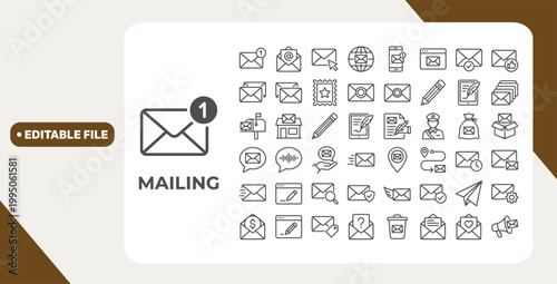 Mailing web icons in line style. Email, text, post office, mail, mailbox, collection. Vector illustration.