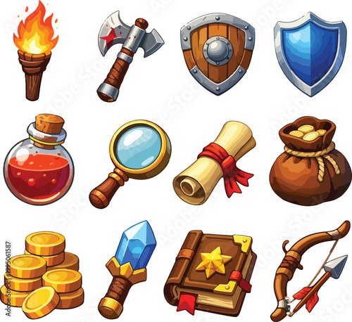 Fantasy game icons: torch, axe, shields, potion, scroll, gold bag, coins, sword, book, bow and arrows vector illustration