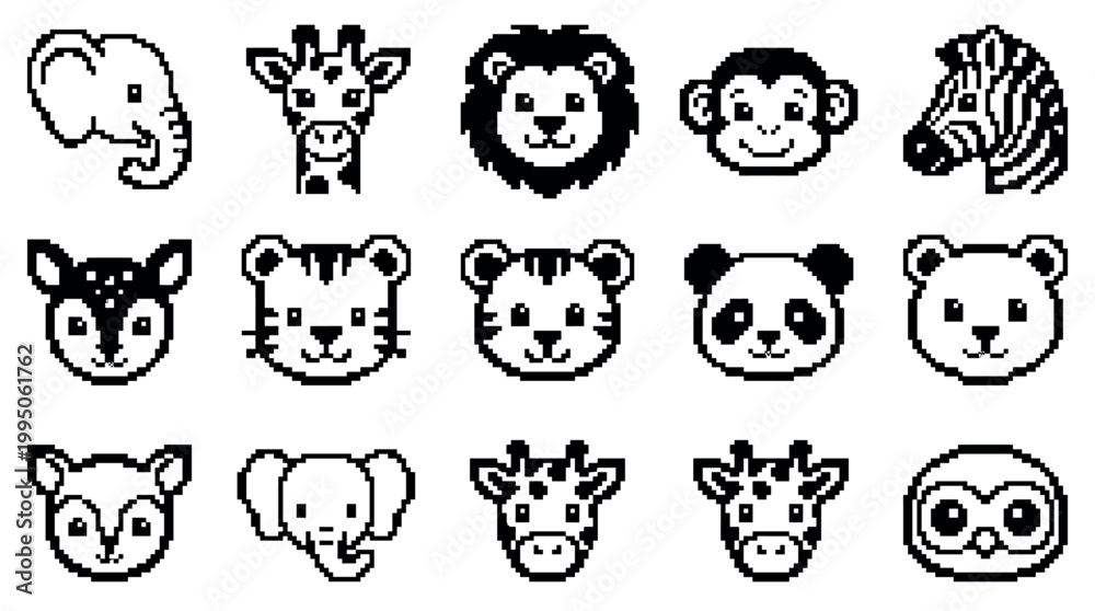 Fototapeta premium Set of cute pixel art animal faces featuring a lion, elephant, giraffe, and tiger in a simple black and white 8-bit retro video game style collection of icons