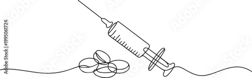 Continuous one line drawing of medicine in the medical syringe. Single line drawing illustration of Pills with syringe. one line Icon drawing