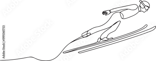Ski jumping athlete in continuous line drawing. Minimalist depiction of winter sports, extreme action, and competition. one line Icon drawing
