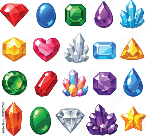 Collection of colorful, faceted gemstones and crystals in various shapes, flat design vector illustration