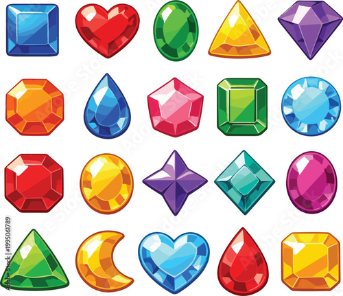Collection of colorful faceted gemstones and jewels in various shapes, flat design vector illustration