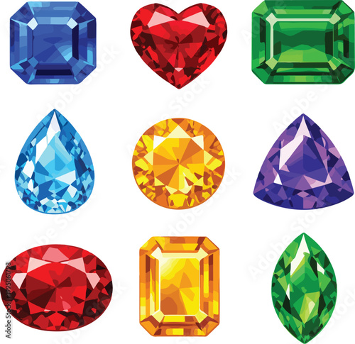 Collection of colorful faceted gemstones and jewels, various shapes and cuts vector illustration